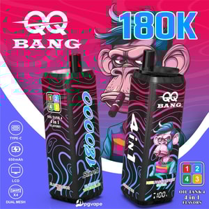 Two black vape pods with pink swirling patterns and cartoon monkey artwork on a vibrant pink background