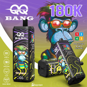 Vibrant QQ Bang 180K vape kit ad with a colorful monkey wearing sunglasses beside a black bottle and tank, 4 in 1 flavors.