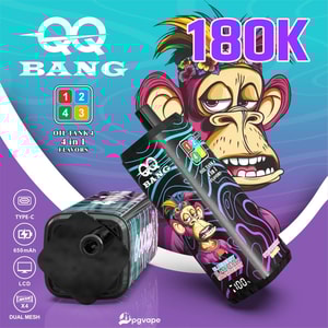 Bright QQ Bang 180K vape kit packaging featuring a cartoon monkey and a black mod with a colorful oil tank.