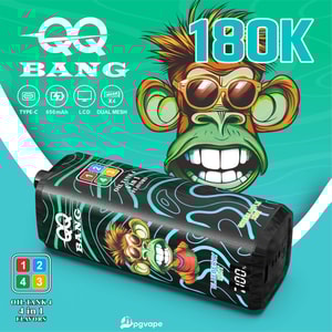 Cartoon green monkey with sunglasses beside a black vape device wrapped in neon patterns, featuring 180K and QQ Bang against a turquoise background.