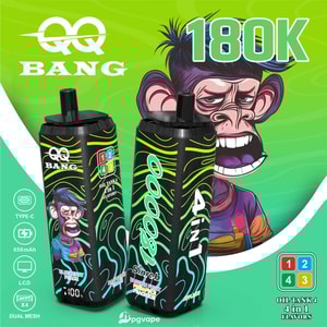 Two black vape devices with neon green swirls and GQ BANG branding, against a lime background with a cartoon monkey and 180K.