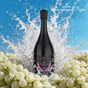 Dark glass bottle with a pink ornate label reading Champagne Vape, surrounded by water splashes and white grapes against a blue sky.