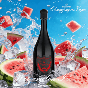A dark glass bottle with a red emblem stands among ice, splashing water, and watermelon slices against a blue background.
