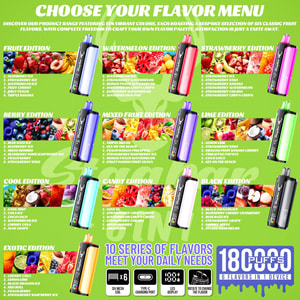 Bright green poster advertising ten flavor editions of a vape pen with colored devices and flavor lists.