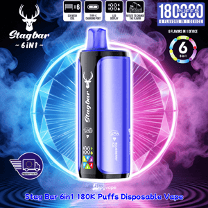 Two Stag Bar 6in1 disposable vape pens, black and purple with the deer logo, 180K puffs and 6 flavors in 1 device.