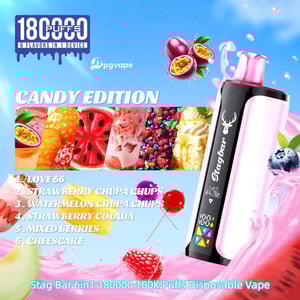 Candy Edition pink Stag Bar disposable vape with fruity candy art and a flavors list.