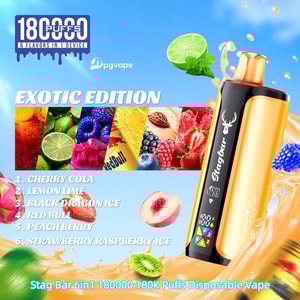 Gold and black Stag Bar disposable vape on a bright blue background with an Exotic Edition fruit collage banner.