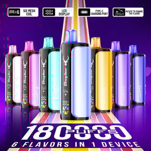 Row of colorful disposable vape pens with neon caps; front center blue-cap device; advertises 1800 puffs and 6 flavors in 1.