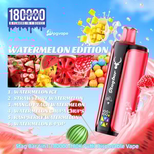 Watermelon Edition Stag Bar disposable vape in pink with a deer logo, shown with a fruit collage and six watermelon flavors.