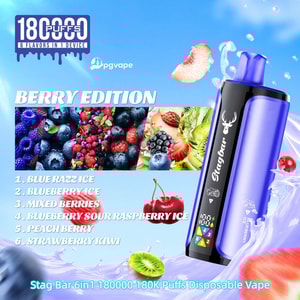 Berry Edition disposable vape promotion with a purple Stag Bar device beside a berry collage and a six-flavor list.