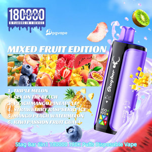 Purple Stag Bar disposable vape with a deer logo beside a fruit collage; Mixed Fruit Edition with 180,000 puffs and 6 flavors in 1 device.