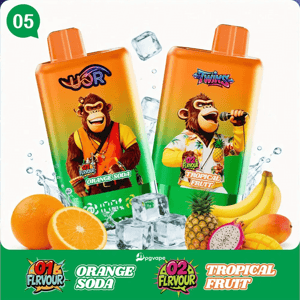 Två flaskor med orange gradient med tecknade apor, märkta Orange Soda och Tropical Fruit, bland isbitar och diverse frukter.