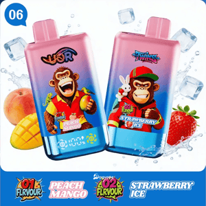 Two pink-to-blue gradient bottles with cartoon ape and rabbit, labeled Peach Mango and Strawberry Ice, surrounded by fruit and ice.