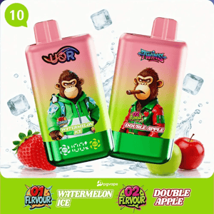 Två färgglada juicepåsar med tecknade apor, Watermelon Ice och Double Apple smaker, mot frukt- och isgrafik.