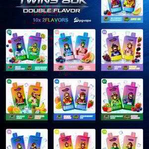 Reklamaffisch för UR Twins 80K Double Flavour, med tio vapeflaskor med dubbla smaker och förpackningar med ljus frukttema.