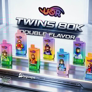 Colorful vape bottles with cartoon monkeys on a futuristic metallic display and Twins 80K Double Flavor signage.