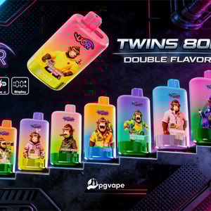 Row of colorful vape bottles with cartoon monkey characters on a neon futuristic backdrop, promoting Twins 80K Double Flavor.