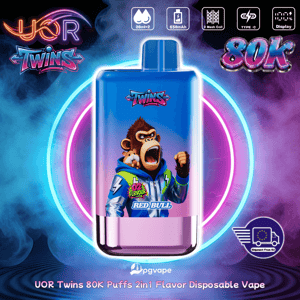 Engångsvape i blå och rosa gradient med en tecknad schimpans i neonjacka, UOR Twins-märke och 80K Puffs.