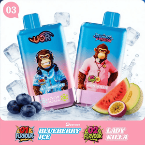 Two blue gradient vape bottles with monkey mascots; Blueberry Ice on the left, Lady Killa on the right, with ice and fruit.
