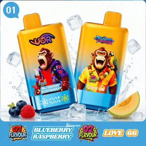 Two yellow-blue flavor bottles with monkeys, left 01 Flavour Blueberry Raspberry, right 02 Flavour Love 66 ice and fruit.