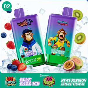 Flaskor med lila gradientsmak med tecknade apor, Blue Razz Ice och Kiwi Passion Fruit Guava, med frukt och is.