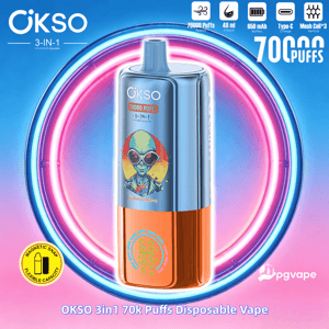 OKSO 3-in-1 disposable vape in blue and orange, labeled 70,000 puffs, shown against a neon ring backdrop.