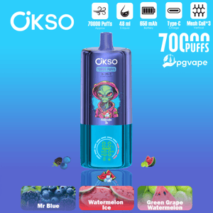 OKSO vape bottle with alien artwork on label, 70000 Puffs, blue bottle on blue background; flavor options shown at bottom