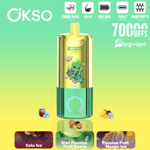 OKSO vape device with a gold top and teal body, alien illustration on a green-to-yellow background; flavor tiles visible.
