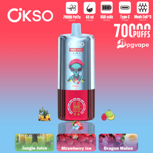 OKSO disposable vape with blue and red two-tone body, alien illustration, 70000 puffs; flavors Jungle Juice, Strawberry Ice, Dragon Melon.