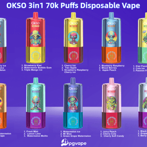 OKSO 3in1 70k Puffs disposable vape lineup with colorful fruit-flavored bottles on a purple background