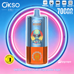 OKSO 3-in-1 disposable vape bottle with a cartoon alien label, 70k puffs, set against a neon pink and blue circular glow.