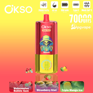 OKSO disposable vape with red-yellow body, 70,000 puffs, and flavors: Watermelon Gum, Strawberry Kiwi, Triple Mango Ice.