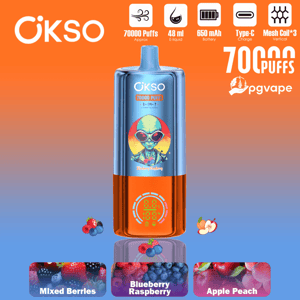 OKSO disposable vape with blue top and orange bottom, cartoon label, flavors: Mixed Berries, Blueberry Raspberry, Apple Peach.