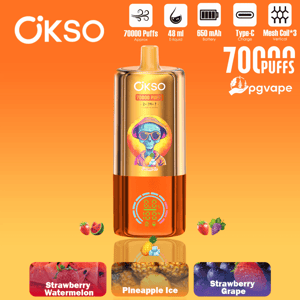 OKSO disposable vape with orange gradient, device labeled 70,000 puffs and flavors: Strawberry Watermelon, Pineapple Ice, Strawberry Grape.