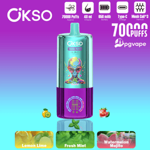 Two-tone disposable vape with turquoise top and purple bottom, featuring an alien graphic; purple-to-blue gradient background.