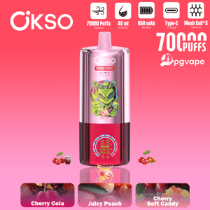 OKSO 70000-puff pink vape device with cartoon monster label on a pink gradient, flavor options Cherry Cola, Juicy Peach, and Cherry Soft Candy.