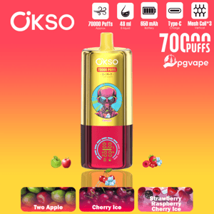 OKSO vape device with a gold body and pink base, cartoon skull sticker, 70,000 puffs, against a pink-to-orange gradient with fruit illustrations.