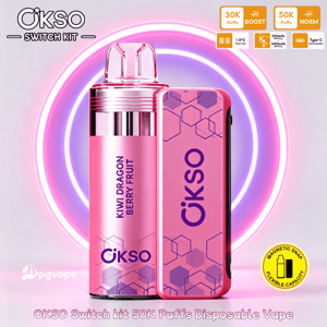 Pink OKSO Switch Kit disposable vape with hex-pattern body and bottle labeled Kiwi Dragon Berry Fruit, against neon rings.