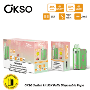 OKSO Switch Kit 50K Puffs Disposable Vape in gradient packaging with Strawberry Watermelon flavor; green device beside it.