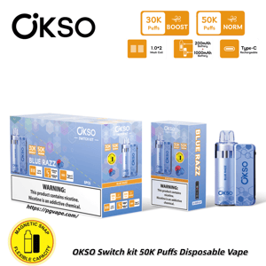 OKSO Blue Razz Switch Kit disposable vape boxes with a blue device, warning label, and yellow magnet badge.