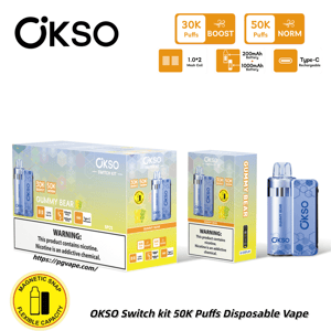 OKSO Switch Kit disposable vape with 50K puffs, blue patterned device beside gummy bear-flavored boxes and warning label.