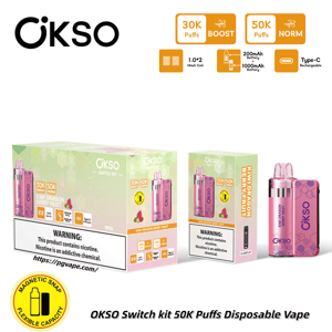 OKSO logo with puff-count icons, two pastel Switch Kit 50K Puffs disposable vape boxes, and a pink disposable vape device.