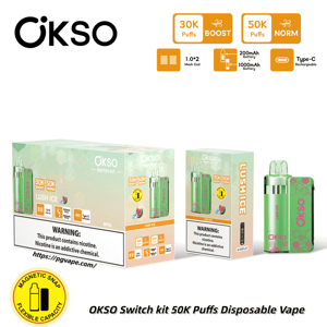OKSO Switch Kit 50K Puffs disposable vape with two mint boxes and a purple-green device; yellow badge highlights magnetic cap.