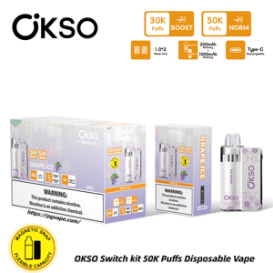 OKSO Switch kit 50K Puffs disposable vape with Grape Ice flavor, shown with two boxes and a purple-tinted device.