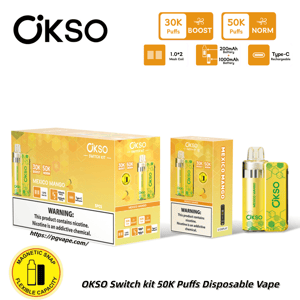 OKSO Switch Kit 50K Puffs disposable vape in Mexico Mango flavor, shown with yellow packaging boxes and a yellow-green device.