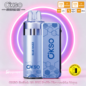 Blue OKSO Switch Kit disposable vape with two blue devices, one labeled Blue Raz, against a pink neon ring backdrop.