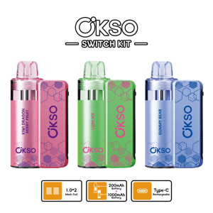 Three OKSO Switch Kit pods in pink, green, and blue with hex patterns and flavor labels, icons for mesh coil, battery, Type-C