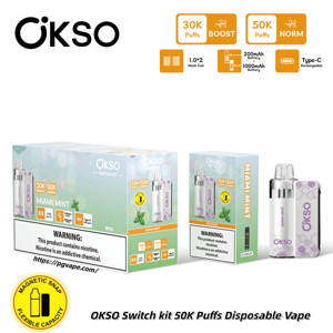 OKSO Switch Kit 50K Puffs Disposable Vape Miami Mint flavor; packaging and a purple-white device with magnetic cap.