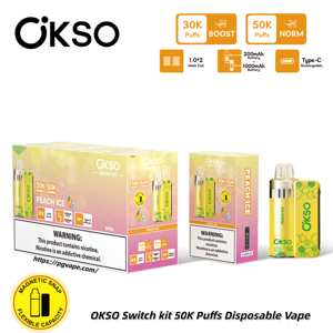 OKSO Peach Ice 50K puffs disposable vape kit with yellow-green packaging and a matching device.
