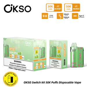 OKSO Switch kit 50K Puffs disposable vape with sour apple flavor, shown with green boxes and a pink-green device.